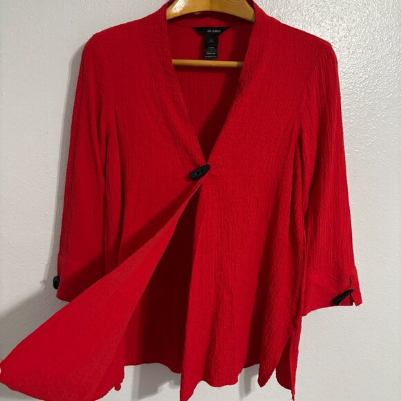 Ali Miles Red Crinkle Cardigan Jacket S 3/4 Sleeve Black Bone Look Buttons - Picture 4 of 12